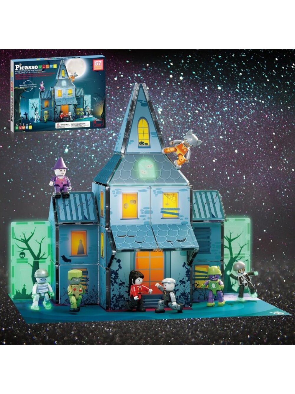 57 PCS Magnetic Building Tiles Halloween Haunted House STEM Toy for Ages 3